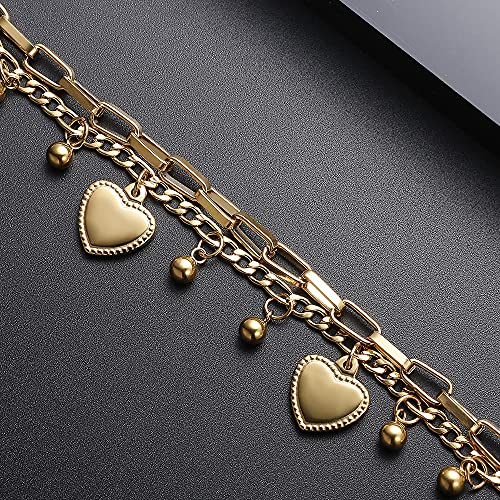 kelistom 316L Stainless Steel Love Heart Charm Bracelet for Women Teen Girls Romantic Gift Silver/Rose/18k Gold Plated OT Clasp Bracelets (2-heart gold)