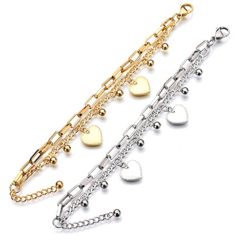 kelistom 316L Stainless Steel Love Heart Charm Bracelet for Women Teen Girls Romantic Gift Silver/Rose/18k Gold Plated OT Clasp Bracelets (2-heart gold)