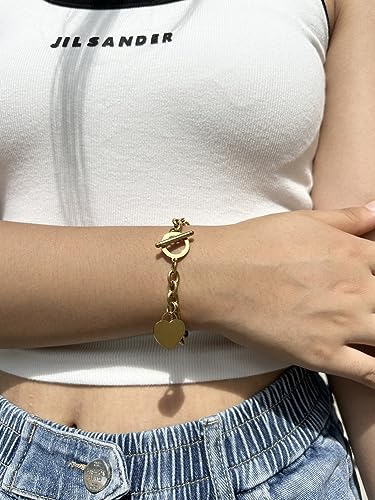 WangGao Elegent Love Stainless Steel Link Chain Blank Heart Charms Bracelet for Women Fits 6.27-7.24'' Wrist Toggle Clasp Closure Gold