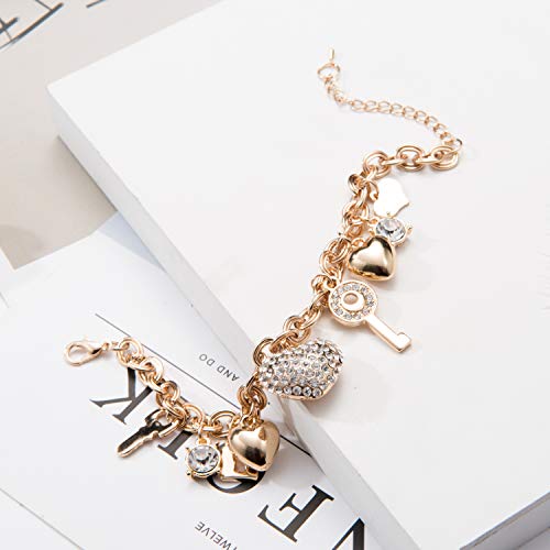 SILANER Gold Chain Link Bracelet - 7"+ 2" Extender 14K Gold Plated Love Locked Bracelets for Women and Girls, with Crystal, Love Heart,Key, Lock, Charm Bracelet (Love Locked Gold Charm)