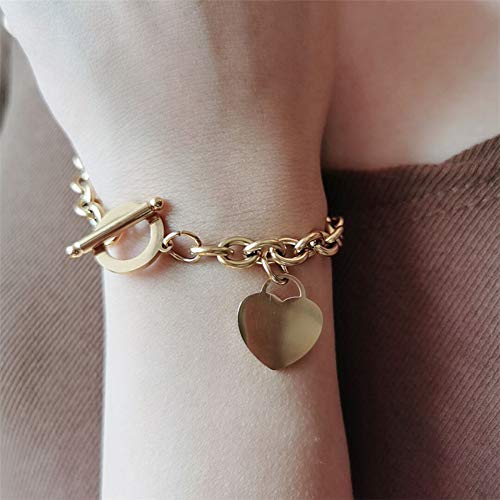 WangGao Elegent Love Stainless Steel Link Chain Blank Heart Charms Bracelet for Women Fits 6.27-7.24'' Wrist Toggle Clasp Closure Gold