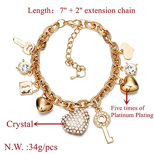 SILANER Gold Chain Link Bracelet - 7"+ 2" Extender 14K Gold Plated Love Locked Bracelets for Women and Girls, with Crystal, Love Heart,Key, Lock, Charm Bracelet (Love Locked Gold Charm)