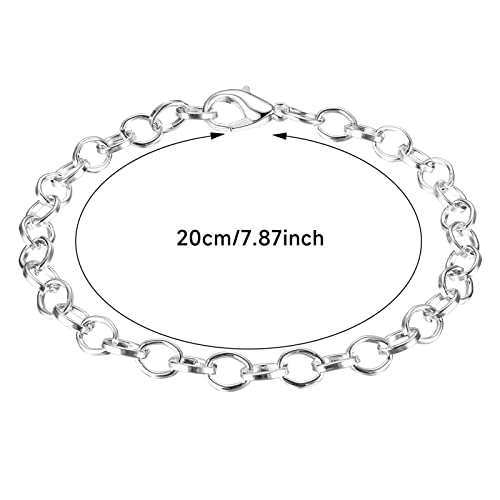 HOUSWEETY 12 Silver Plated Chain Bracelets Fit Clip on Charm 20cm(7-7/8")，Lobster Clasp Link Chain Bracelets for Men Women, Mens Bracelet Chain Bracelets for Men Jewelry Men Gifts (Silver Type 1)