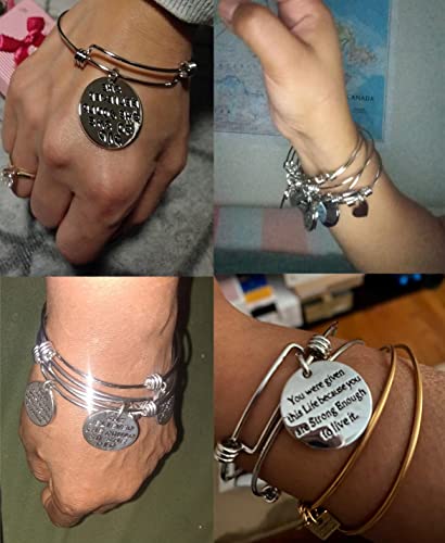 3 Pack Women Engraved Message Inspirational Words Round Charm Bracelets Set Expandable Silver Plated Stainless Steel Motivational Bangle Bracelet 3 Pic Set