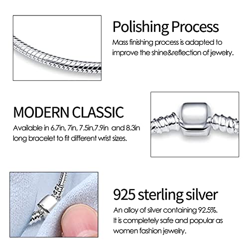 KUNSIR Snake Chain Charm Bracelets for Charm 925 sterling silver Jewelry Bracelet Fits Any Charm Gift for Women