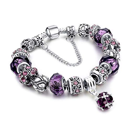 MUERDOU Mother Charms Bracelet for Women Murano Glass Beads Butterfly Flower Charms Amethyst Bracelets (Amethyst charm bracelet)