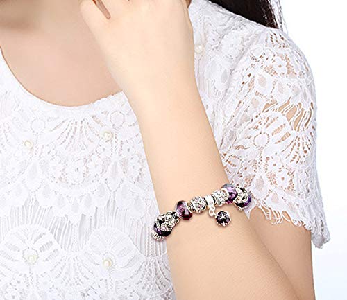 MUERDOU Mother Charms Bracelet for Women Murano Glass Beads Butterfly Flower Charms Amethyst Bracelets (Amethyst charm bracelet)