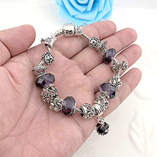 MUERDOU Mother Charms Bracelet for Women Murano Glass Beads Butterfly Flower Charms Amethyst Bracelets (Amethyst charm bracelet)