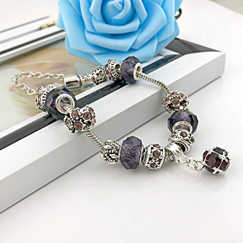MUERDOU Mother Charms Bracelet for Women Murano Glass Beads Butterfly Flower Charms Amethyst Bracelets (Amethyst charm bracelet)