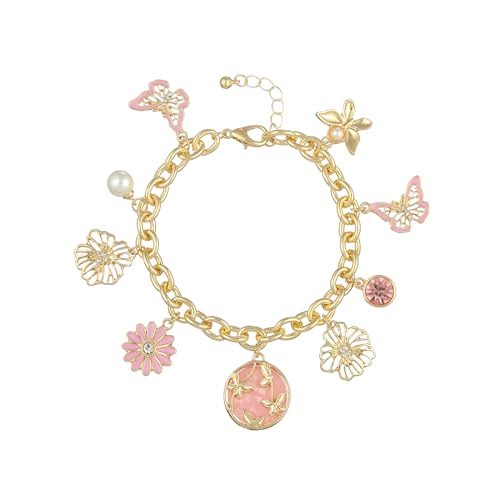Madison Tyler Charm Bracelet | Flower Bracelet | Gold Link Bracelets for Women | Dainty Gold Bracelet | Spring Pink Flower Butterfly Charm Bracelet Jewelry for Women Girl Gift