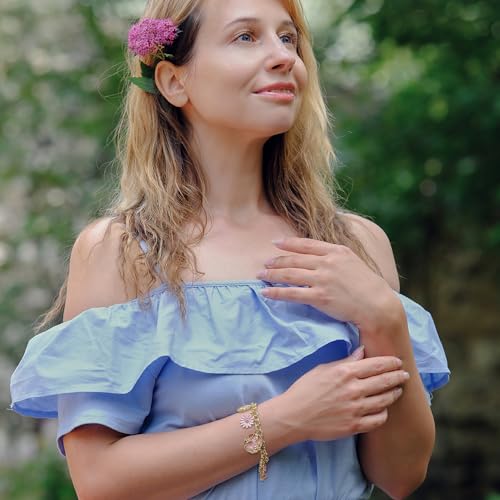 Madison Tyler Charm Bracelet | Flower Bracelet | Gold Link Bracelets for Women | Dainty Gold Bracelet | Spring Pink Flower Butterfly Charm Bracelet Jewelry for Women Girl Gift