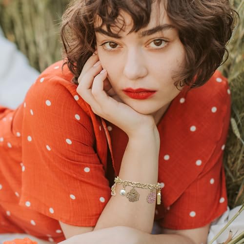 Madison Tyler Charm Bracelet | Flower Bracelet | Gold Link Bracelets for Women | Dainty Gold Bracelet | Spring Pink Flower Butterfly Charm Bracelet Jewelry for Women Girl Gift