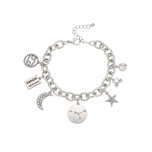 Personalization Collection Gold Plated Zodiac Bracelet | Constellation Symbol | Name Plate | Moon | Constellation | Star | Stone | Charms | Chain Bracelet for Women Gifts (Silver Plated - Cancer)