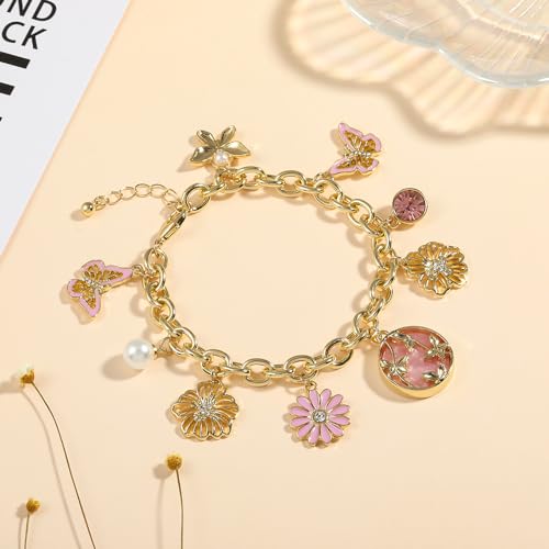 Madison Tyler Charm Bracelet | Flower Bracelet | Gold Link Bracelets for Women | Dainty Gold Bracelet | Spring Pink Flower Butterfly Charm Bracelet Jewelry for Women Girl Gift