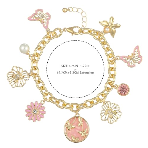 Madison Tyler Charm Bracelet | Flower Bracelet | Gold Link Bracelets for Women | Dainty Gold Bracelet | Spring Pink Flower Butterfly Charm Bracelet Jewelry for Women Girl Gift