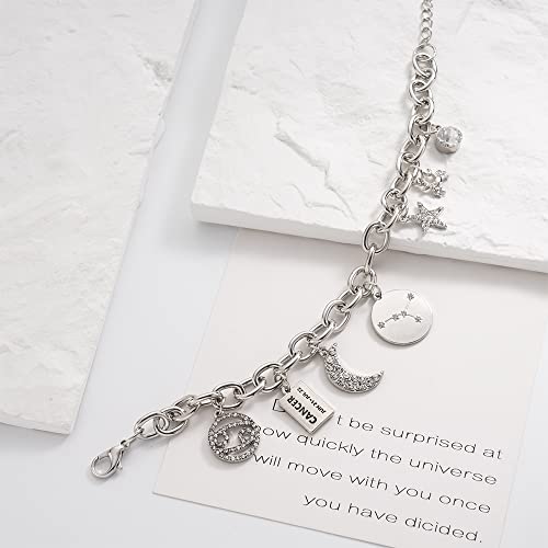 Personalization Collection Gold Plated Zodiac Bracelet | Constellation Symbol | Name Plate | Moon | Constellation | Star | Stone | Charms | Chain Bracelet for Women Gifts (Silver Plated - Cancer)