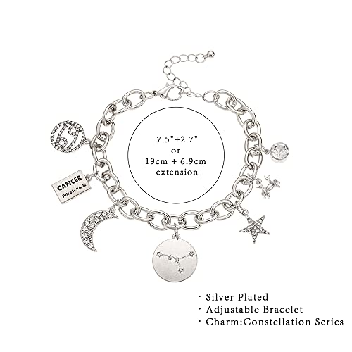 Personalization Collection Gold Plated Zodiac Bracelet | Constellation Symbol | Name Plate | Moon | Constellation | Star | Stone | Charms | Chain Bracelet for Women Gifts (Silver Plated - Cancer)