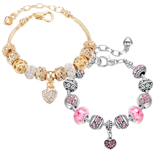 2 Pack Girls' Charm Bracelets Pink and Gold Heart Silver Plated Charm Bracelet, DIY Jewelry for Women and Girls Gifts, with Beads, Crystal, Charms, Love and Adjustable Snake Chain, Fits 7.5"+1.5"