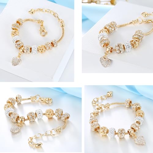 2 Pack Girls' Charm Bracelets Pink and Gold Heart Silver Plated Charm Bracelet, DIY Jewelry for Women and Girls Gifts, with Beads, Crystal, Charms, Love and Adjustable Snake Chain, Fits 7.5"+1.5"