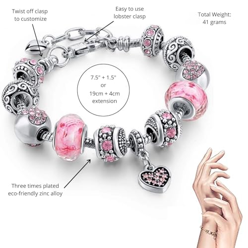 2 Pack Girls' Charm Bracelets Pink and Gold Heart Silver Plated Charm Bracelet, DIY Jewelry for Women and Girls Gifts, with Beads, Crystal, Charms, Love and Adjustable Snake Chain, Fits 7.5"+1.5"