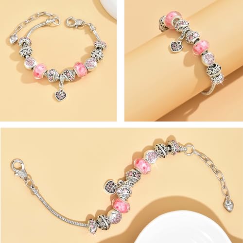 2 Pack Girls' Charm Bracelets Pink and Gold Heart Silver Plated Charm Bracelet, DIY Jewelry for Women and Girls Gifts, with Beads, Crystal, Charms, Love and Adjustable Snake Chain, Fits 7.5"+1.5"