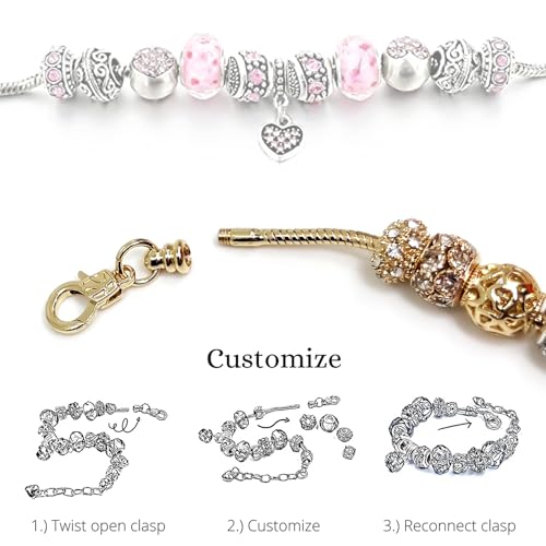 2 Pack Girls' Charm Bracelets Pink and Gold Heart Silver Plated Charm Bracelet, DIY Jewelry for Women and Girls Gifts, with Beads, Crystal, Charms, Love and Adjustable Snake Chain, Fits 7.5"+1.5"