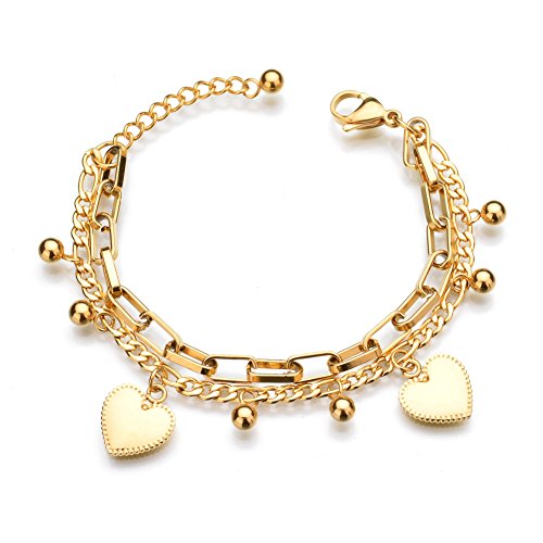 LUREME 18K Gold Stainless Steel Multi Chains Bracelet with Ball and Heart Charms for Women (bl003259)