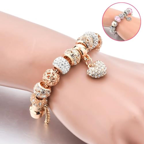 2 Pack Girls' Charm Bracelets Pink and Gold Heart Silver Plated Charm Bracelet, DIY Jewelry for Women and Girls Gifts, with Beads, Crystal, Charms, Love and Adjustable Snake Chain, Fits 7.5"+1.5"