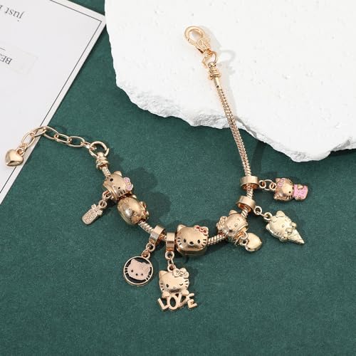 VTELI kawaii charm bracelet for women and teen Girls with kitty cat gold style, This chain bracelet is an ideal birthday gift for women and Girls