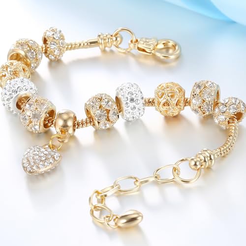 2 Pack Girls' Charm Bracelets Pink and Gold Heart Silver Plated Charm Bracelet, DIY Jewelry for Women and Girls Gifts, with Beads, Crystal, Charms, Love and Adjustable Snake Chain, Fits 7.5"+1.5"