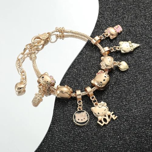VTELI kawaii charm bracelet for women and teen Girls with kitty cat gold style, This chain bracelet is an ideal birthday gift for women and Girls