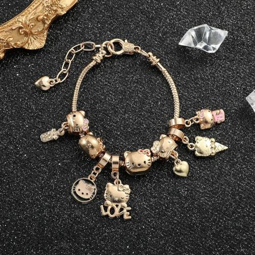 VTELI kawaii charm bracelet for women and teen Girls with kitty cat gold style, This chain bracelet is an ideal birthday gift for women and Girls