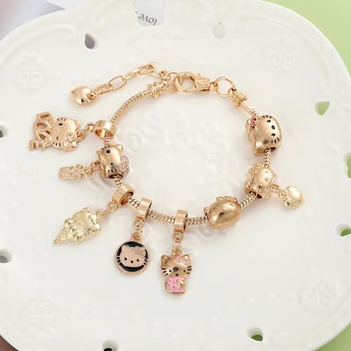 VTELI kawaii charm bracelet for women and teen Girls with kitty cat gold style, This chain bracelet is an ideal birthday gift for women and Girls