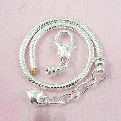 Yeshan 5pcs Women Silver Plated Snake Chain Charm Bracelet Starter with Classic Bead Lobster Clasp Fits All Chamilia Troll Biagi Beads,6.7inch