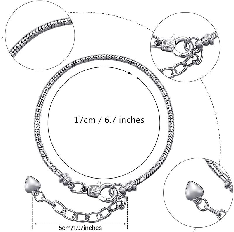 Yeshan 5pcs Women Silver Plated Snake Chain Charm Bracelet Starter with Classic Bead Lobster Clasp Fits All Chamilia Troll Biagi Beads,6.7inch