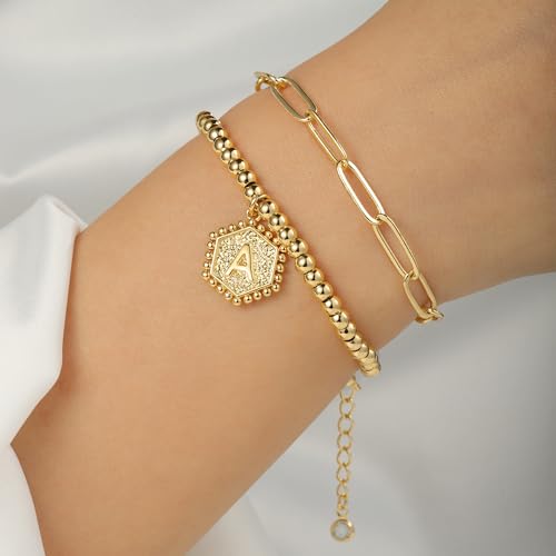 IEFWELL Charm Bracelets for Women Girls - Initial Bracelets for Teen Girls Gold Bracelets for Women Gold Charm Bracelets for Teen Girls Letter L Paperclip Link Bracelets for Women Initial Bracelets