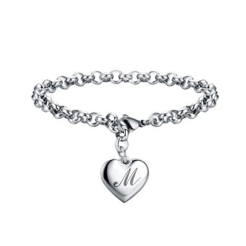 SANNYRA Charm M Bracelet Gifts | Heart Initial Charms Bracelets for Women Trendy | 26 Letters Stainless Steel Bracelet Gifts Ideas for Teen Girls