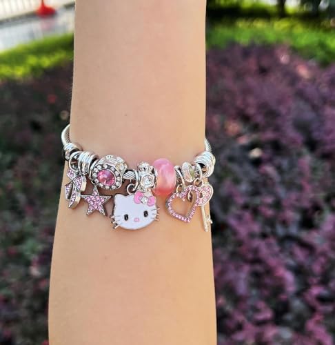 Aimery Kitty Charms Bracelets Kawaii Bangle Bracelets Cartoon Adjustable Bracelet Cubic Zirconia Adorable Accessories for Wife Girlfriend Jewelry Gifts