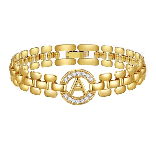 WEDDINEN Initial Bracelet,14K Gold Letter Bracelets for Women, Thick Bangle Wrist Gold Initial Bracelets for Women, Alphabet Bracelet Jewelry Initial A Charm Chain