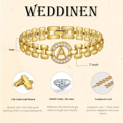 WEDDINEN Initial Bracelet,14K Gold Letter Bracelets for Women, Thick Bangle Wrist Gold Initial Bracelets for Women, Alphabet Bracelet Jewelry Initial A Charm Chain
