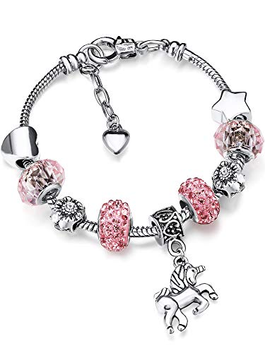 Zhanmai Unicorn Sparkly Crystal Charm Bracelet Bangle with Gift Box Set for Girl Lady (Pink, 14 cm/ 5.5 Inch)