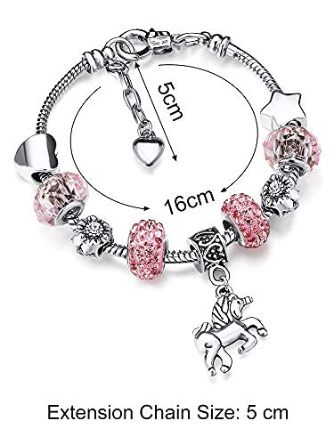 Zhanmai Unicorn Sparkly Crystal Charm Bracelet Bangle with Gift Box Set for Girl Lady (Pink, 14 cm/ 5.5 Inch)