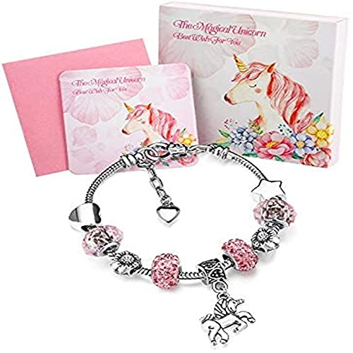 Zhanmai Unicorn Sparkly Crystal Charm Bracelet Bangle with Gift Box Set for Girl Lady (Pink, 14 cm/ 5.5 Inch)