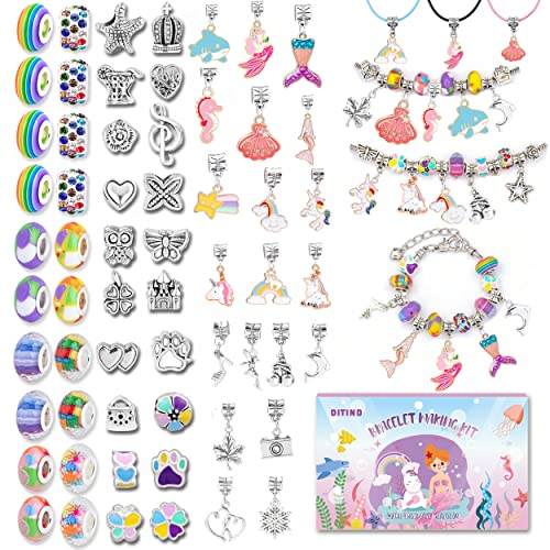 Charm Bracelet Making Kit for Girls, Unicorn/Mermaid Crafts Gifts Set, Teen Girl Gifts Jewelry Making Kit with Colorful Beads/Charms for Kids Ages 5 6 7 8 9 10-12.