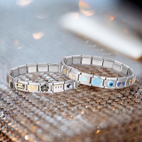 ITingstere Italian Charms Bracelet Sets with 1Pcs Gold Starter Brascelet,10Pcs Charms and Opening Tools,9mm Italian Modular Charm Bracelet Link Handmade DIY Module Jewelry Gifts