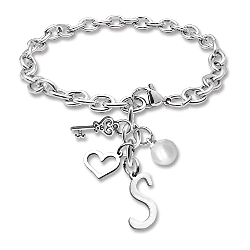 Initial S Letter Bracelets for Teen Girls Women Anniversary Birthday Gift for Mother Daughter Wife Letter A to Z Chain Bracelets Stainless Steel Chain Bracelets Gift for Daughter Granddaughter