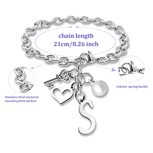 Initial S Letter Bracelets for Teen Girls Women Anniversary Birthday Gift for Mother Daughter Wife Letter A to Z Chain Bracelets Stainless Steel Chain Bracelets Gift for Daughter Granddaughter