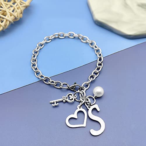 Initial S Letter Bracelets for Teen Girls Women Anniversary Birthday Gift for Mother Daughter Wife Letter A to Z Chain Bracelets Stainless Steel Chain Bracelets Gift for Daughter Granddaughter