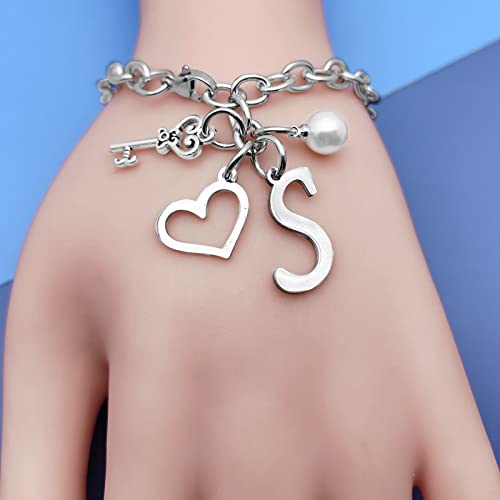 Initial S Letter Bracelets for Teen Girls Women Anniversary Birthday Gift for Mother Daughter Wife Letter A to Z Chain Bracelets Stainless Steel Chain Bracelets Gift for Daughter Granddaughter