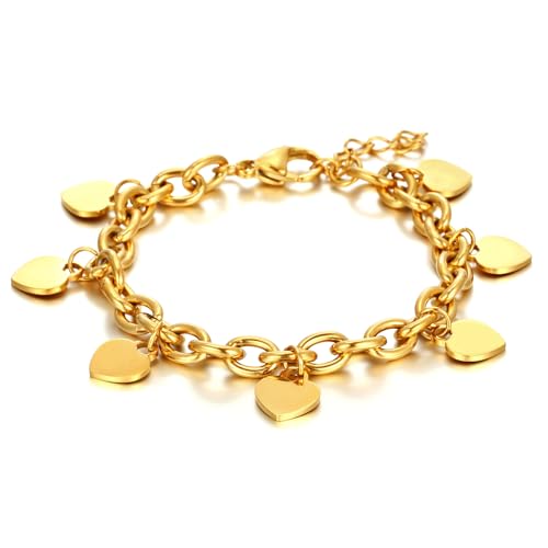 DEAROK Gold Heart Bracelets for Women 14K Gold Plated Charm Bracelet for Mothers Birthday Gifts Friendship Bracelet For Women Stainless Steel Bracelet Gift for Women